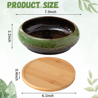 Acellegic 5 Pcs 7.3'' and 4'' Round Large Shallow Succulent Ceramic Planter Pots with Drainage Hole Drip Glazed Shallow Bonsai Pot with Bamboo Tray for Indoor Outdoor Plants Decor Cactus Flower