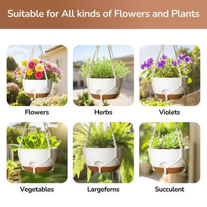 LESOASIS 12 Inch Hanging Baskets for Plants Outdoor, Hanging Planters for Indoor Outdoor Plants, Hanging Planter with Self Watering, Hanging Flower Pots (White Planter with Macrame + Iron Hangers)