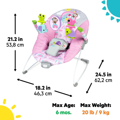 Bright Starts Pink Paradise Portable Baby Bouncer with Vibrating Infant Seat and -Toy Bar, Max Weight 20 lbs., Age 0-6 Months