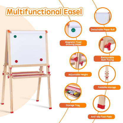 Wooden Adjustable Easel for Kids, Quick-Fold Kids Easel with Paper Roll&Accessories, Double Sided Painting Easels for Toddlers 3,4,5,6,7,8,9,10 Years, Perfect Painting Gifts&Supplies for Boys&Girls