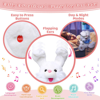 Emoin Easter Bunny Stuffed Animals Bunny Plush Baby Toys Bunny Peek-A-Boo Toys Repeats What You Say Singing with Floppy Ears Birthday Gift for Toddler 7 8 9 10 11 Months 1-2 Year Old（White）
