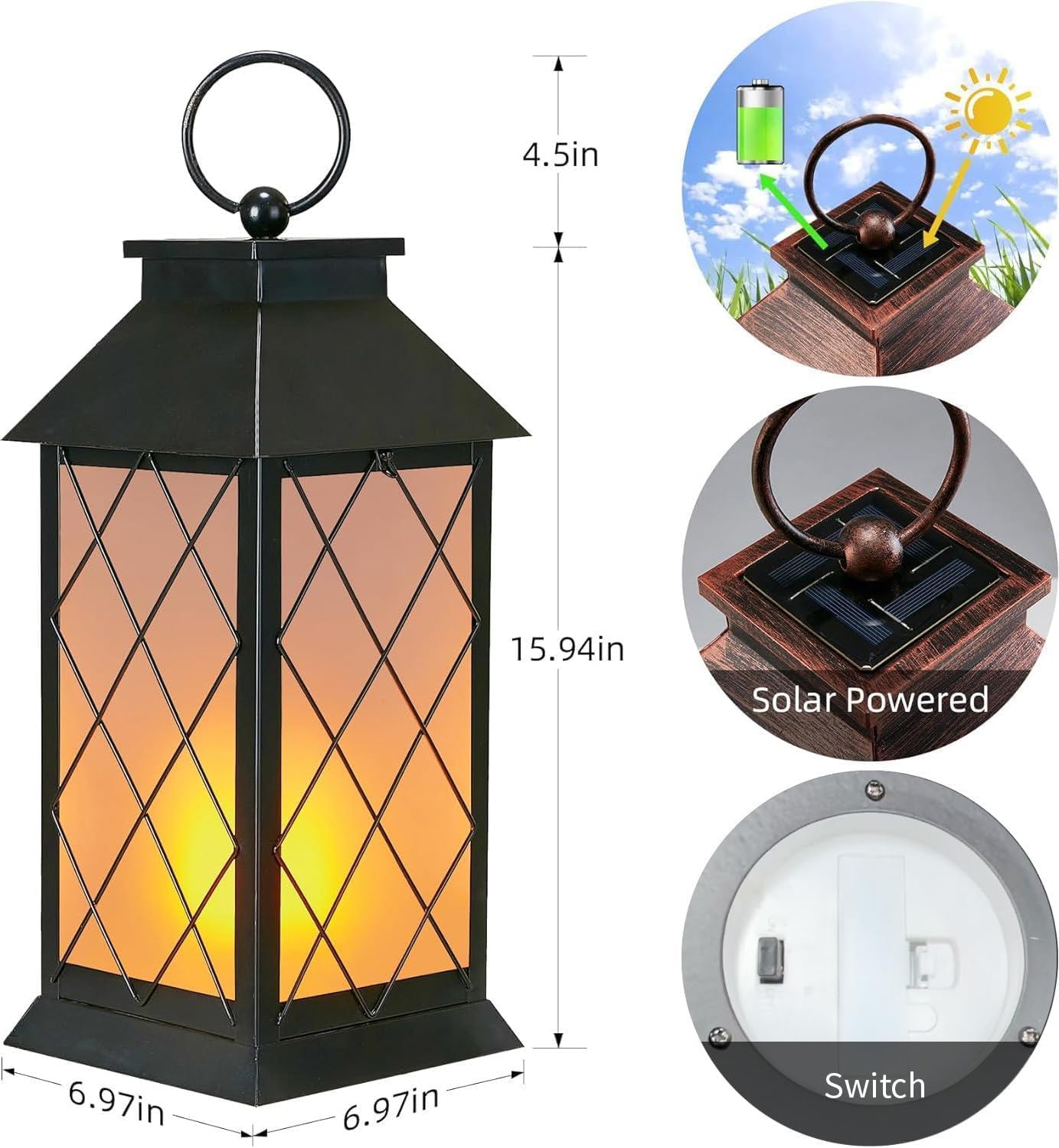 anyperfect 18" Solar Lanterns Outdoor Waterproof, Glass Solar Flickering Flame Lantern Large Hanging Solar Lantern Metal Decorative for Patio Garden Backyard Outside Tabletop Mothers Day Gifts Mom