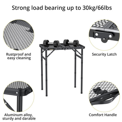 Anbte Folding Grill Table, Aluminum Camping Table Adjustable Height Max 27.5" Picnic Table Outdoor Table, Lightweight, Portable Handle for Travel Cooking BBQ Picnic, 22.8" x 16", Black