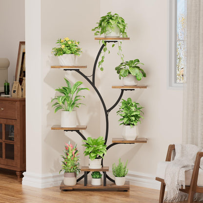Yzosvki Plant Stand Indoor with Grow Lights, 6 Tiered Large Plant Shelf Flower Stand, Tall Plant Shelves for Living Room, Patio, Corner, Heavy Duty, Rustic Brown and Black