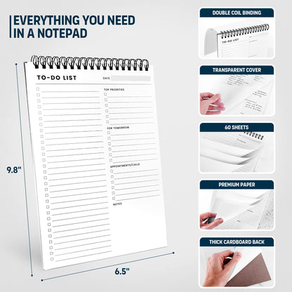To Do List Notepad 3 Pack: Has Multiple Functional Sections - 6.5 x 9.8" 60 Sheets - Spiral Daily Planner Notebook - Task Checklist Organizer Agenda Pad for Work, Note and Todo Organization