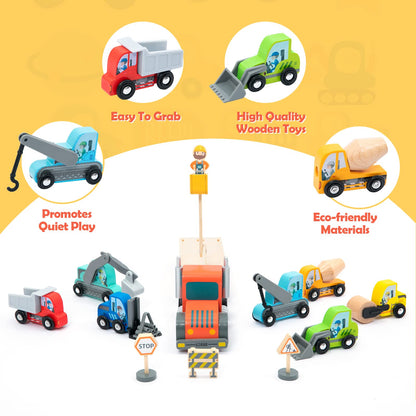 Wooden Construction Site Vehicles with Trailer 14 PCS Set, Vehicle Toys Cars for Toddlers and Kids Ages 3+ Gifts for Boys Girls, Compatible with Thomas and Other Major Brand Train Toy and Railway Set