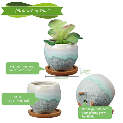 BBTO 6 Set Mini Succulent Pots Bulk with Drainage and Bamboo Tray 2.9 x 3.1 Inch Small Cute Ceramic Succulent Planter Pot Garden Glaze Container Ideal Present for Cactus Office Home Decoration Gift
