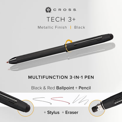 Cross Tech3+ Refillable Multi-Function Ballpoint Pen with Stylus, Medium Ballpen and Pencil, Includes Premium Gift Box - Brushed Black