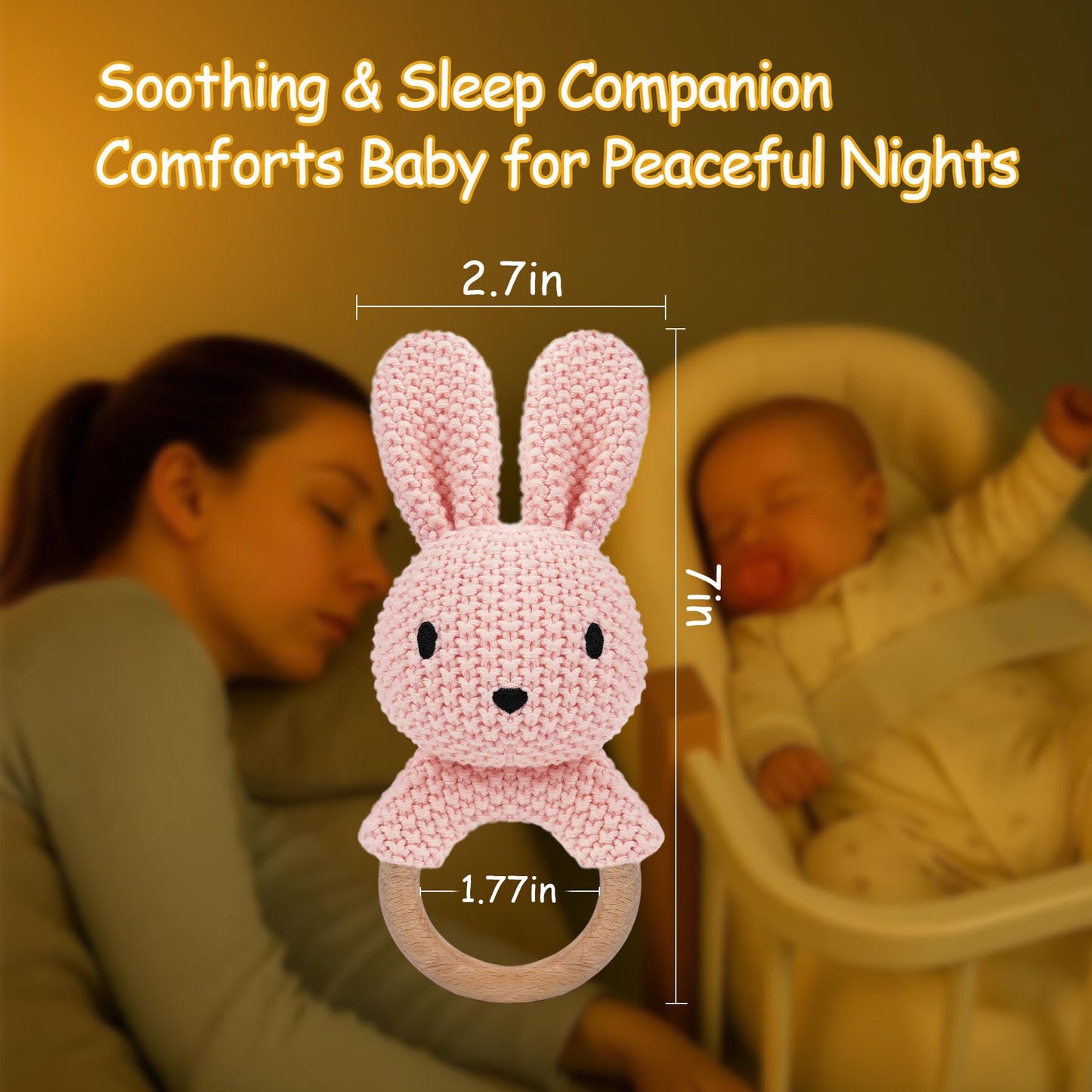 JUSTQUNSEEN Baby Rattle Teether Bunny Pink Crochet Rabbit Toy for Baby Girl Handmade Knitted Easy Grip Wood Handle for Gum Relief Woodland Animal Plush Stuffed Easter Basket Shower Gift Newborn