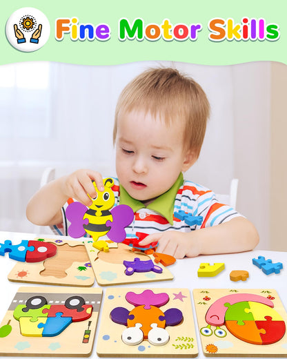 Yetonamr Wooden Toddler Puzzles Gifts Toys for Boys Girls, 12 Vehicle Shape Montessori Toy Educational Blocks Kids Toys Gift Baby Learning Toy