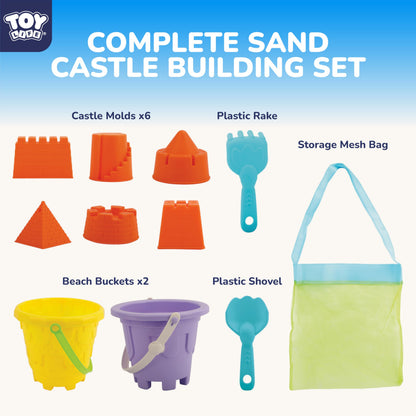 TOY Life Kids Beach Sand Castle Bucket Set, 2 Buckets with Mesh Bag, 6 Molds, 2 Shovels, Colorful Plastic Beach Toys for Summer Play