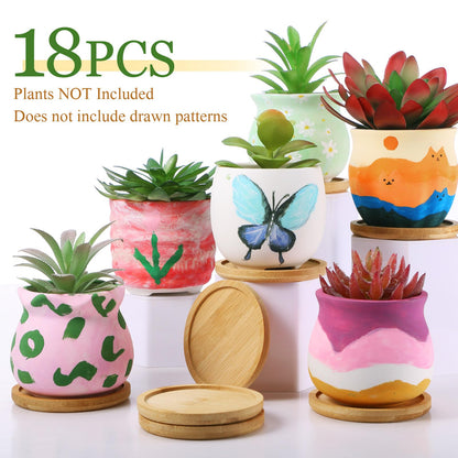 Remerry 18 Pcs 3.5 Inch Mini Succulent Pots with Bamboo Tray White Ceramic Pots Color Your Own DIY Small Planters Containers for Flower Cactus with Drainage Hole for Plant Lover