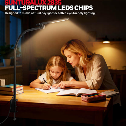 Honeywell HJ2 Sunturalux™ Clamp LED Desk Lamp, CRI≥97 Full-Spectrum Eye-Caring Light, 3 Color Modes & Stepless Dimming, 16" Flexible Gooseneck for Reading, Home Office, Art Creation (Black)