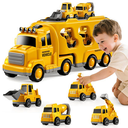 KIZONLY Construction Trucks Toys for 2 3 4 5 Years Old Boys - 5-in-1 Carrier Transport Vehicle Truck for Toddlers 2-4 Years with Crane, Mixer, Pushdozer and Excavator, Car Toys Birthdays Gift