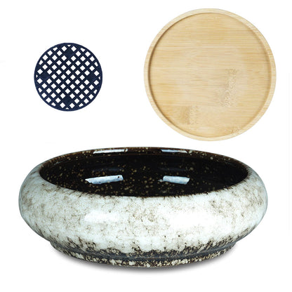 ARTKETTY Succulent Pots - 7.3 Inch Ceramic Bonsai Pot with Tray, Large Succulent Planters with Drainage, Shallow Planter for Indoor Cactus Plants Decorative Flower Plant Container Bowl