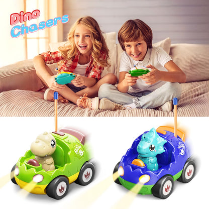 Kidz do 2 Pack Dinosaur Toys Remote Control Cars for Toddlers Ages 2 3 4 5, Christmas Birthday Gifts for 2-5 Year Old Boys, Dinosaur RC Car Toys with Music and Lights (Green Blue)