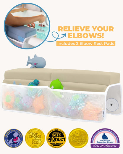 Comfortable Baby Bath Kneeler and Elbow Rest Pad Set – Thick Memory Foam Bath Kneeling Pad with Elbow Support – Baby Bathtub Cushion with Toy Organizer for Bathing Infant or Toddler - Beige