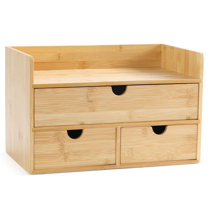 Desk Organizer with Drawers - Bamboo Desktop Organizers Storage | Wood Makeup Organizer for Bills, Office Supplies, Cosmetics, Seals, Kitchen Utensils, No Assembly Required