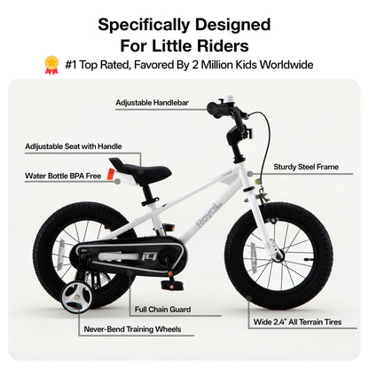 RoyalBaby Freestyle Kids Bike 14 Inch Childrens Bicycle with Training Wheels Toddlers Boys Girls Beginners Ages 3-5 Years, White