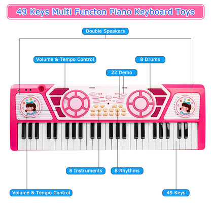 24 Keys Pink Piano Toy with Microphone and 49 Keys Keyboard Toy Piano for 2 Years Old Girls Gift