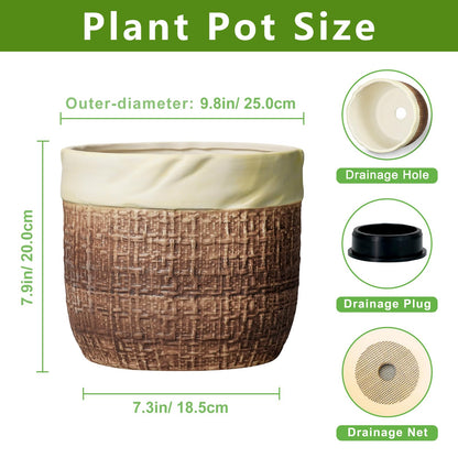 Teagas Ceramic Planter - 9.8 Inch Plant Pot for Indoor Outdoor Plants, Boho Ceramic Plant Pots with Drainage Hole and Plug, Round Indoor Planter, Garden Decor, Gardening Gifts for Women, Brown