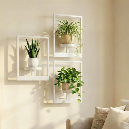 bbteroiu Picture Frame Wall Planters Set of 3, Modern Metal Hanging Shelves for Plants, Rustproof Wall Mount Flower Pot Holder for Indoor Outdoor, Decorative Plant Stand for Living Room Patio, White