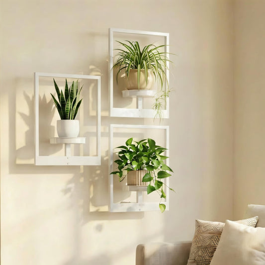 bbteroiu Picture Frame Wall Planters Set of 3, Modern Metal Hanging Shelves for Plants, Rustproof Wall Mount Flower Pot Holder for Indoor Outdoor, Decorative Plant Stand for Living Room Patio, White