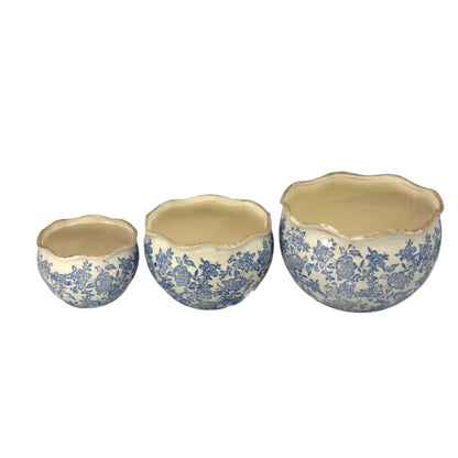 Galt International Ceramic Plant Pots Set of 3 Rustic Vintage Farmhouse Cream Crackle Glaze (11"/ 9.6"/ 7") Garden Indoor Outdoor Flower Planter w/Drainage Hole (Vintage Blue)