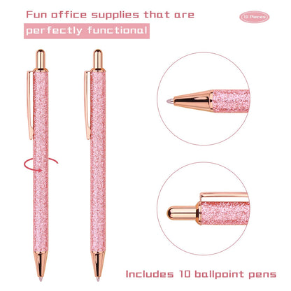 WY WENYUAN 10 Pcs Ballpoint Pens, Comfortable Writing, Metal Retractable Pretty Journaling Pens, Black Ink Medium Point 1.0 mm Gift, Cute Office Supplies for Women