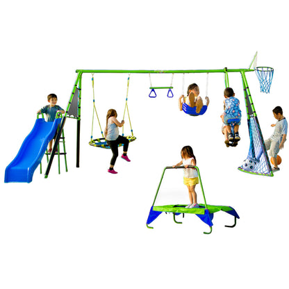 FITNESS REALITY KIDS Sports Outdoor 8 Station Playground Set, Includes Swing Set, Slide, Monkey Bars, Basketball Hoop, Trampoline, Soccer and Basketball + Pump, Green