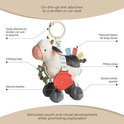 Itzy Ritzy Link & Love Toy for Stroller or Car Seat – Features Textured Ribbons, Crinkle Sounds, Clinking Rings & Silicone Teether – Designed for Ages 0 Months and Up (Cow)