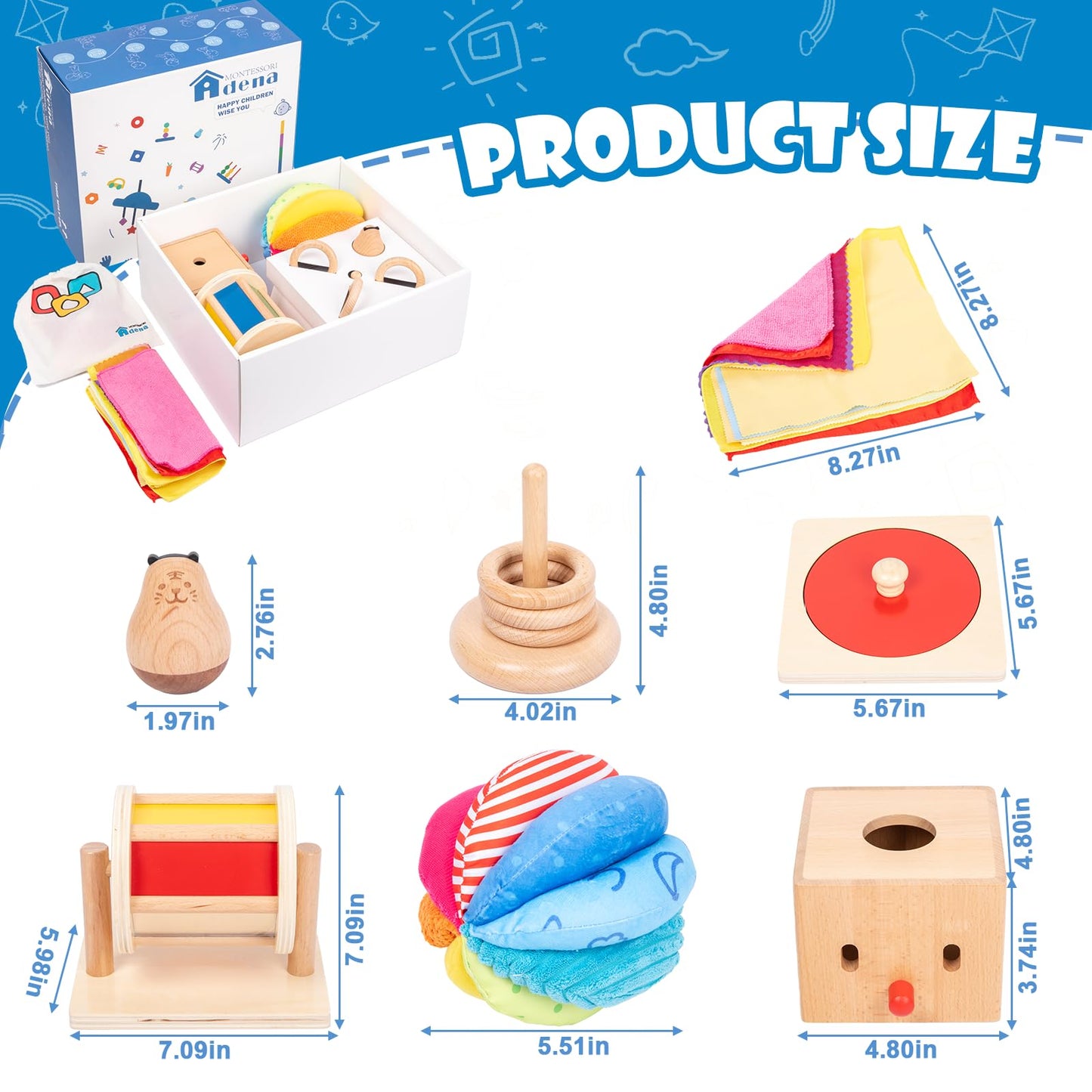 Adena Montessori Play Kit for 5-6 Months Baby,8 in 1 Learning Educational Toys for Toddler,Include Rainbow Spining Drum,Mirror Puzzle,Baby Tissue Box and More,Christmas Birthday Gift for Boys Girl