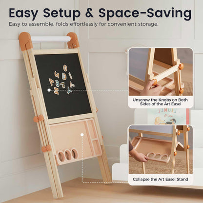 Tiny Land Easel for Kids, Double-Sided Magnetic Easel, Adjustable Wooden Kids Art Easel with Paper Roll, Learning-Toy for 3,4,5,6,7,8 Years Old Boy & Girls