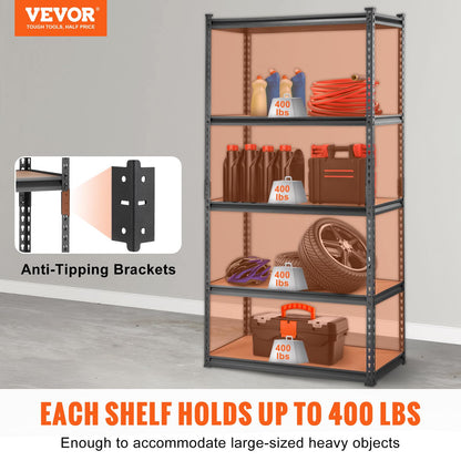 VEVOR Storage Shelving Unit, 5-Tier Adjustable, 2000 lbs Capacity, Heavy Duty Garage Shelves Metal Organizer Utility Rack, Black, 36" L x 18" W x 72" H for Kitchen Pantry Basement Bathroom Laundry