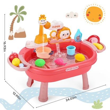 HOLYFUN Play Kitchen Sink with Running Water, Water Table Toy, Sink Toy with Functional Faucet, Play Food, Pots & Pans Kitchen Accessories, Realistic Pretend Play Gift Set for Toddlers and Kids (Pink)