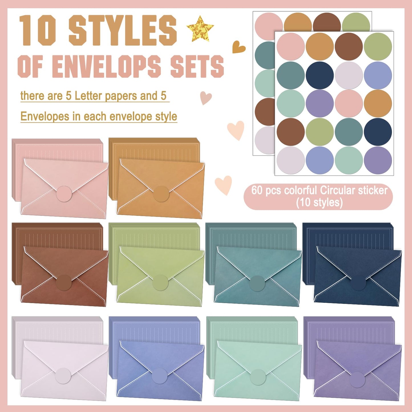TaoBary 160 Packs Stationery Paper Set (50 Double Sided Stationery Writing Papers 50 Matching Envelopes) 60 Round Dot Sticker, 10 Design (Morandi Color)