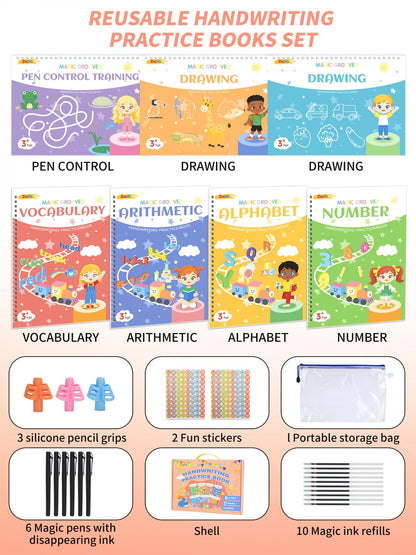 Zuplo Magic Grooved Writing Practice for Kids Ages 3-8, Reusable Handwriting Workbooks for Preschool Learning, Letters Numbers Math & Drawing Tracing Books with Disappearing Ink Pens, Educational Gift