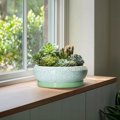 EPFamily Bonsai Pots - 13 Inch Ceramic Succulent Pots for Indoor Outdoor, Large Shallow Planter with Drainage Hole and Saucer, Round Flower Succulent Planter, Patio Decor, Gifts for Women, Green