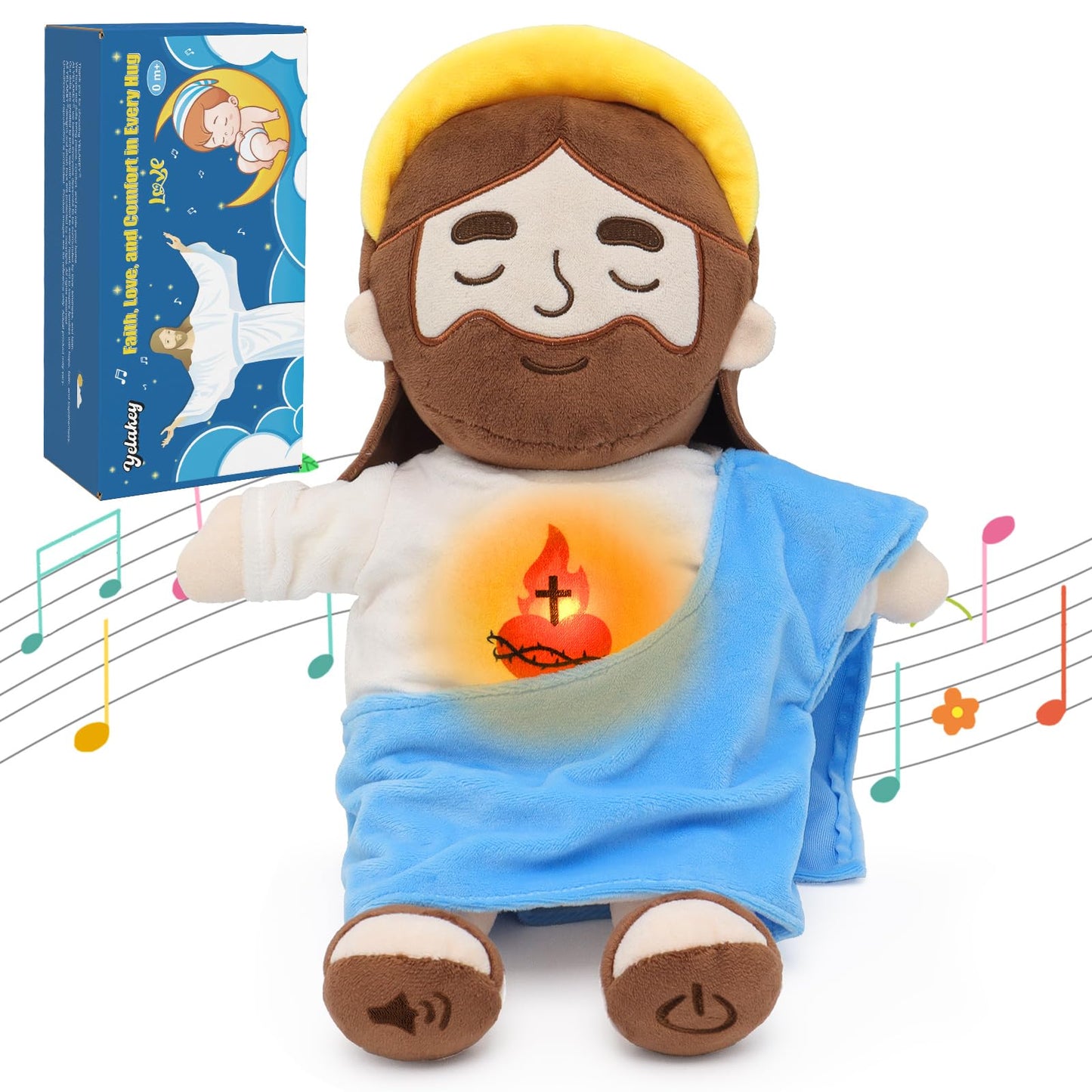 Yelakey Soothing Jesus Plush Toys with Light & Sound, 15" Jesus Stuffed Breathing Plushy Doll, Christian Catholic Religious Plushie Christmas Easter Gifts for Kids Baby (Blue)
