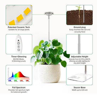 SGLEDs 12W Stake & Desktop Grow Light for Indoor Growing,12W Grow Light with Stake High PPFD,Full Spectrum Desk Growth Lamp with Automatic Timer,4 Dimmable Levels,Height Adjustable 25"-68"（White