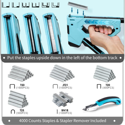 SHALL 6-in-1 Staple Gun Heavy Duty - Upholstery Stapler Nail Gun with 4000 Counts Staples, Manual Brad Nailer with Staple Remover for Wood, Crafts, Fabric, Cable, Wall, Decoration, Furniture