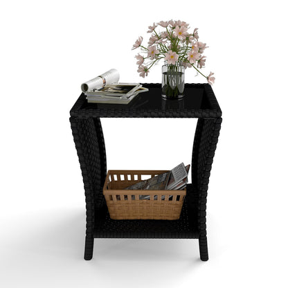 kinbor Small Outdoor Table - Tempered Glass Top Small Outdoor Wicker Side Table with Storage Shelf for Patio, Balcony & Porch, Durable PE Rattan & Iron Frame