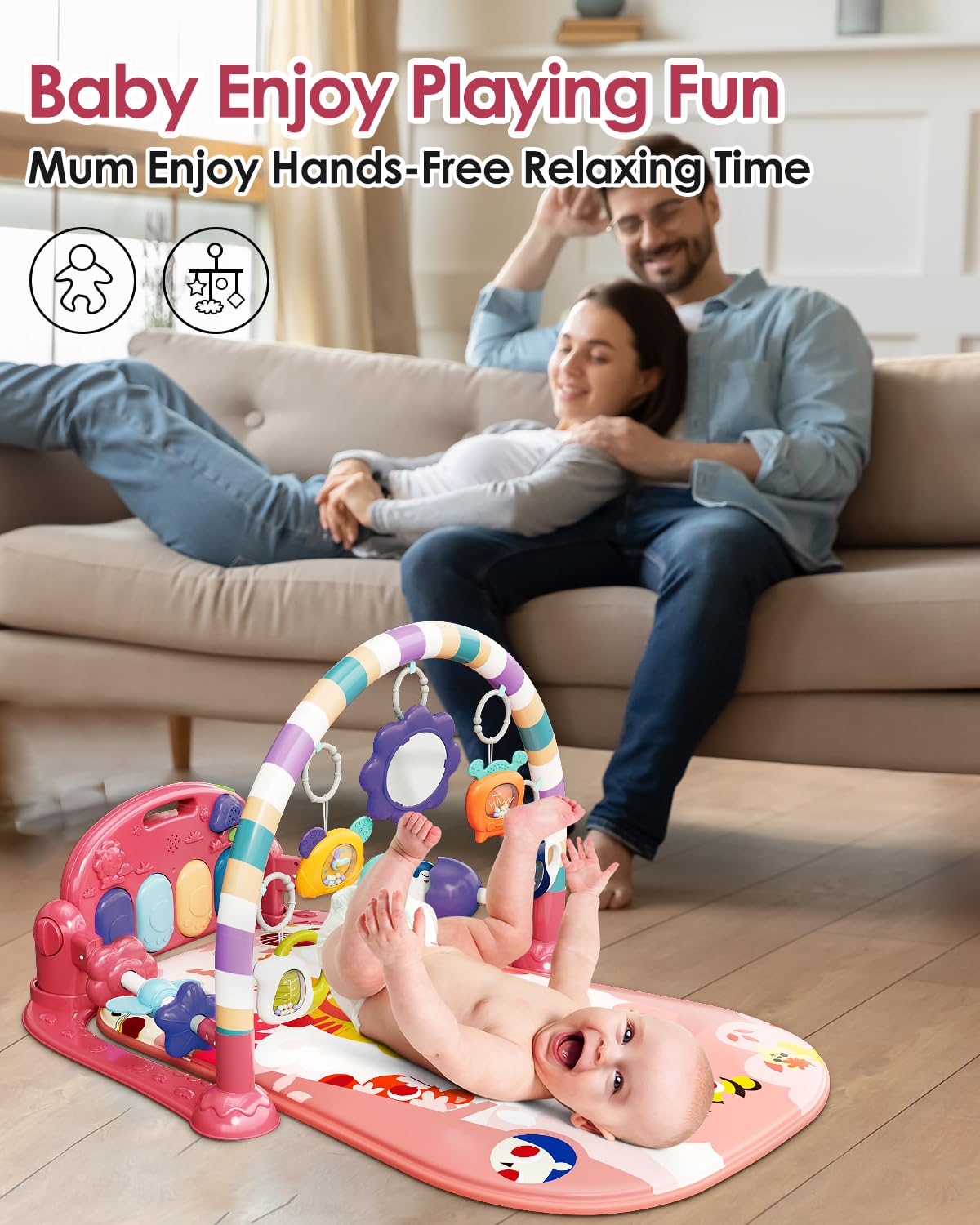 dearlomum Baby Play Mat Gym, Funny Play Piano Tummy Time Activity Mat with 5 Infant Sensory Toys, Music and Lights, Boy & Girl Gifts for Newborns 0 to 3 6 9 12 Months (Pink)
