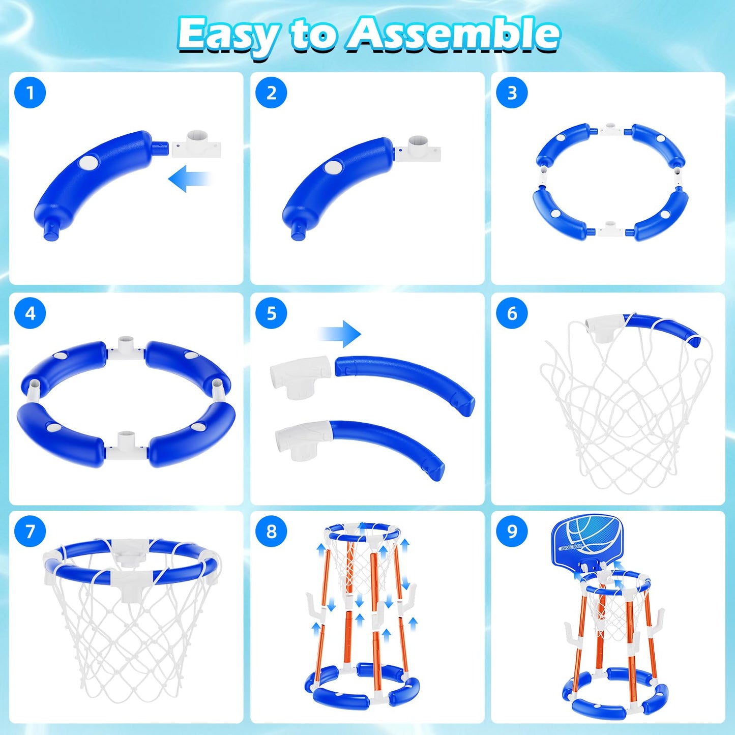 Pool Basketball Hoop with Backboard, Floating Pool Toys for 3-12 Years Old Kids Ring Game with 4 Balls 8 Rings & Pump Outdoor Swimming Pool Basketball Games Water Play Toy Family Party for Kids Adults