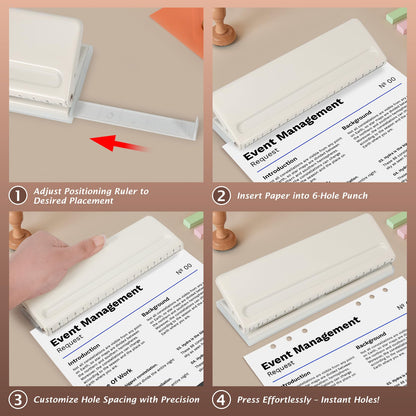 Metal Adjustable 6 Hole Punch for A5 A6 A7 Binders/Planners, Paper Hole Puncher 6 Ring with Guide Rule, 6 Sheet Capacity, Heavy Duty 6 Hole Punch for Binder/Agenda/Notebook/Bookbinding DIY (Off White)