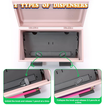 SYMDROMIA Pencil Dispenser for Classroom Stainless Steel Pencil Holder for Desk, Pencil Dispenser Set with Silicone Organizer & 5 Stickers, Back to School Classroom Must Haves Teacher Supplies (Pink)
