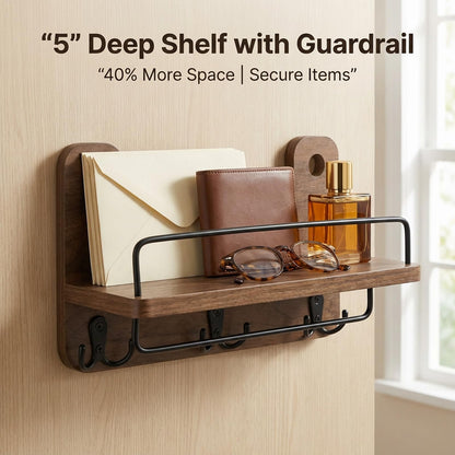 REFGY Key Holder for Wall with Shelf - 5.1" Deep Large Mail Organizer Wall Mount with 3 Heavy-Duty Dual Hooks & Safety Guardrail - Rustic Wood Wall Shelf for Entryway, Kitchen, Office