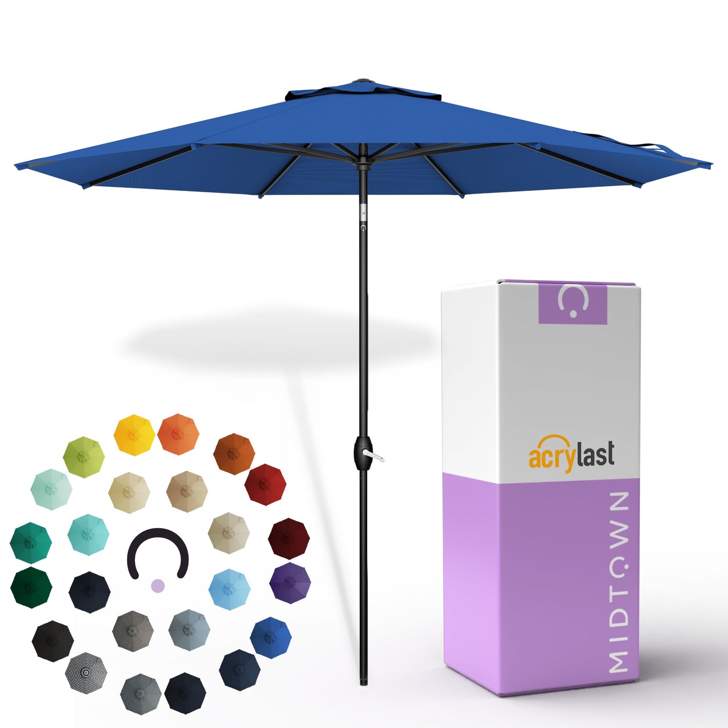 Midtown Umbrellas – The Lean 9 Ft Patio Umbrella with 10-Year-No-Fade Acrylast Acrylic Fabric, Auto-Tilt and 8 Reinforced Ribs for Deck, Pool, Garden, Hotel & Cafes – Deep Atlantic Canopy, Black Pole