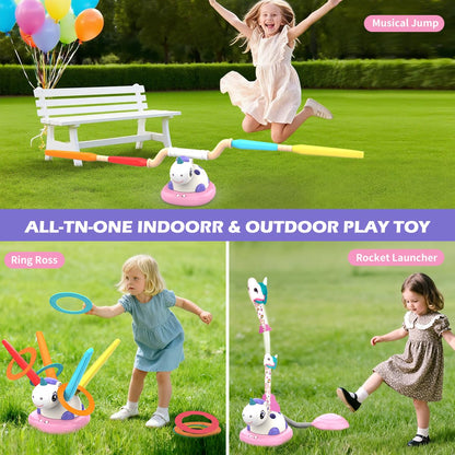 RUIDYA 3 in 1 Musical Jump, Toss Ring Game and Stomping Launch Unicorn Rocket Launcher for Kids Outdoor Toys with Remote Control, Indoor Outside Toy for Kids Ages 3-8
