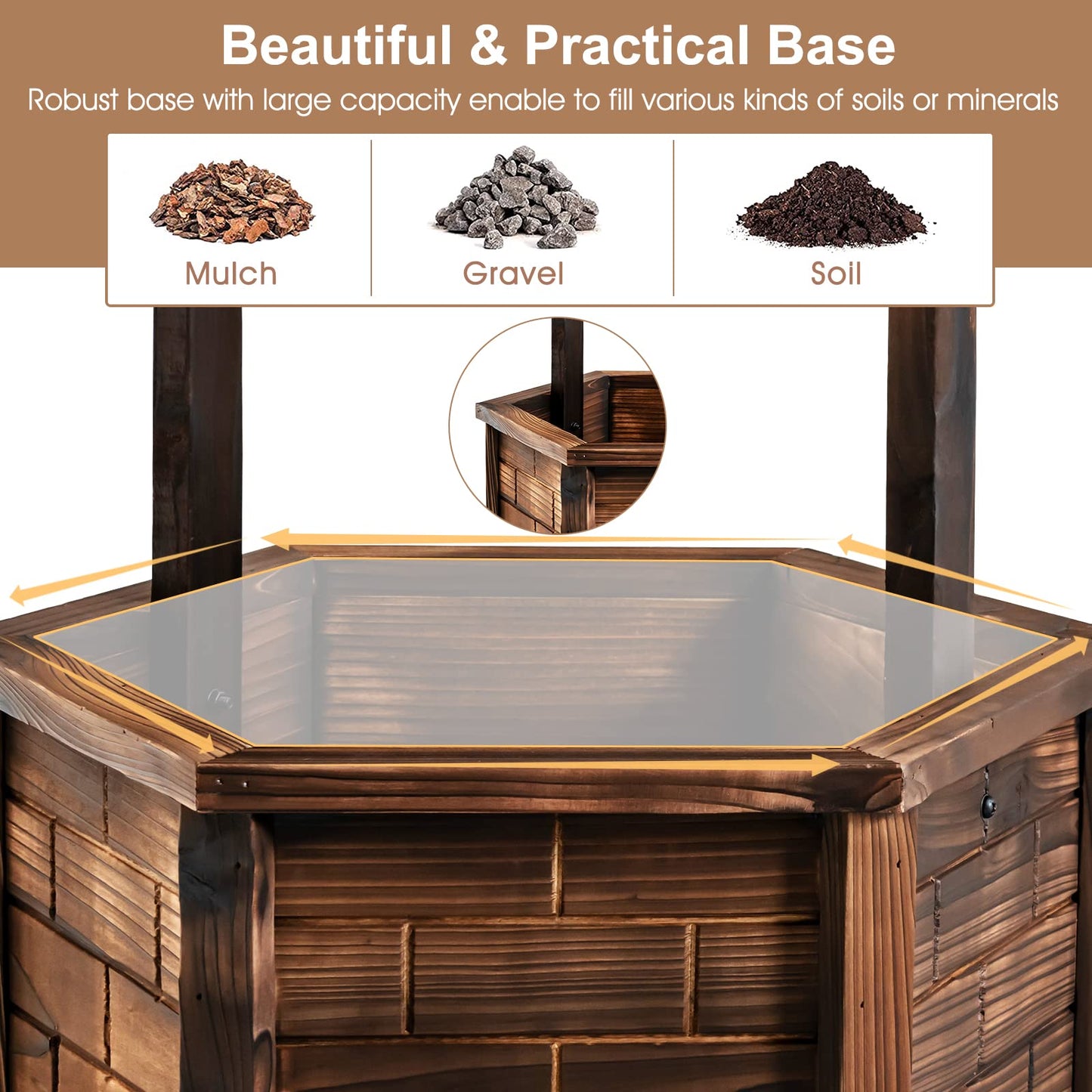 Giantex Rustic Wooden Wishing Well Planter with Hanging Bucket, Roof Shadow, Reinforced Rod, Wishing Wells for Outdoors Backyard Patio Garden Outside Decor